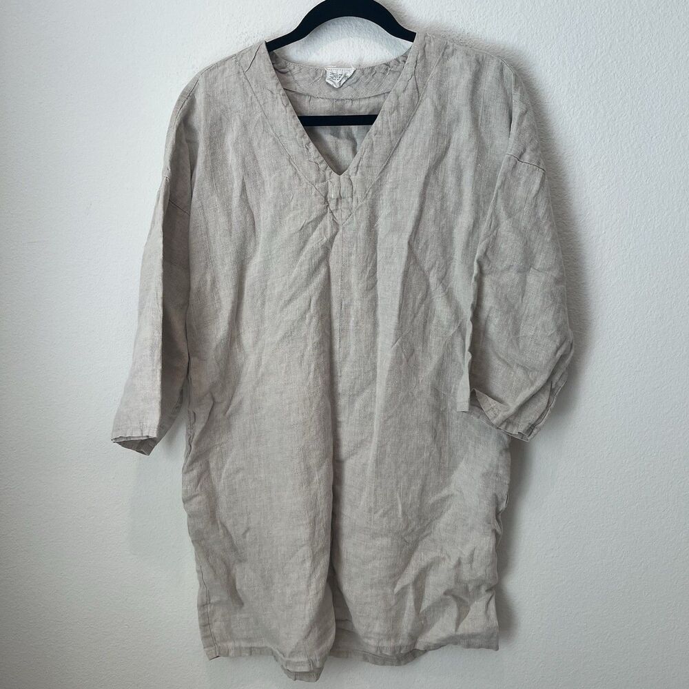 Linen handmade studio 100% linen tunic dress One Size Tan Lagenlook Coastal